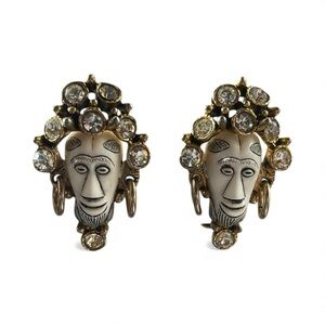 Rare Find Unsigned Selro Selini White & Gold Tone African King Clip On Earrings